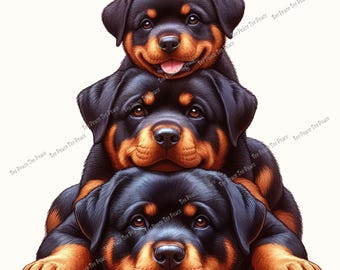 Könnte beinhalten: Drei Rottweiler-Welpen mit schwarz-braunen Fellfarben, die übereinander gestapelt sind. Der oberste Welpe lächelt. Das Bild hat den Text "Tee Peace Tee Peace" diagonal wiederholt. Eine charmante Darstellung von Hunde-Freundschaft.