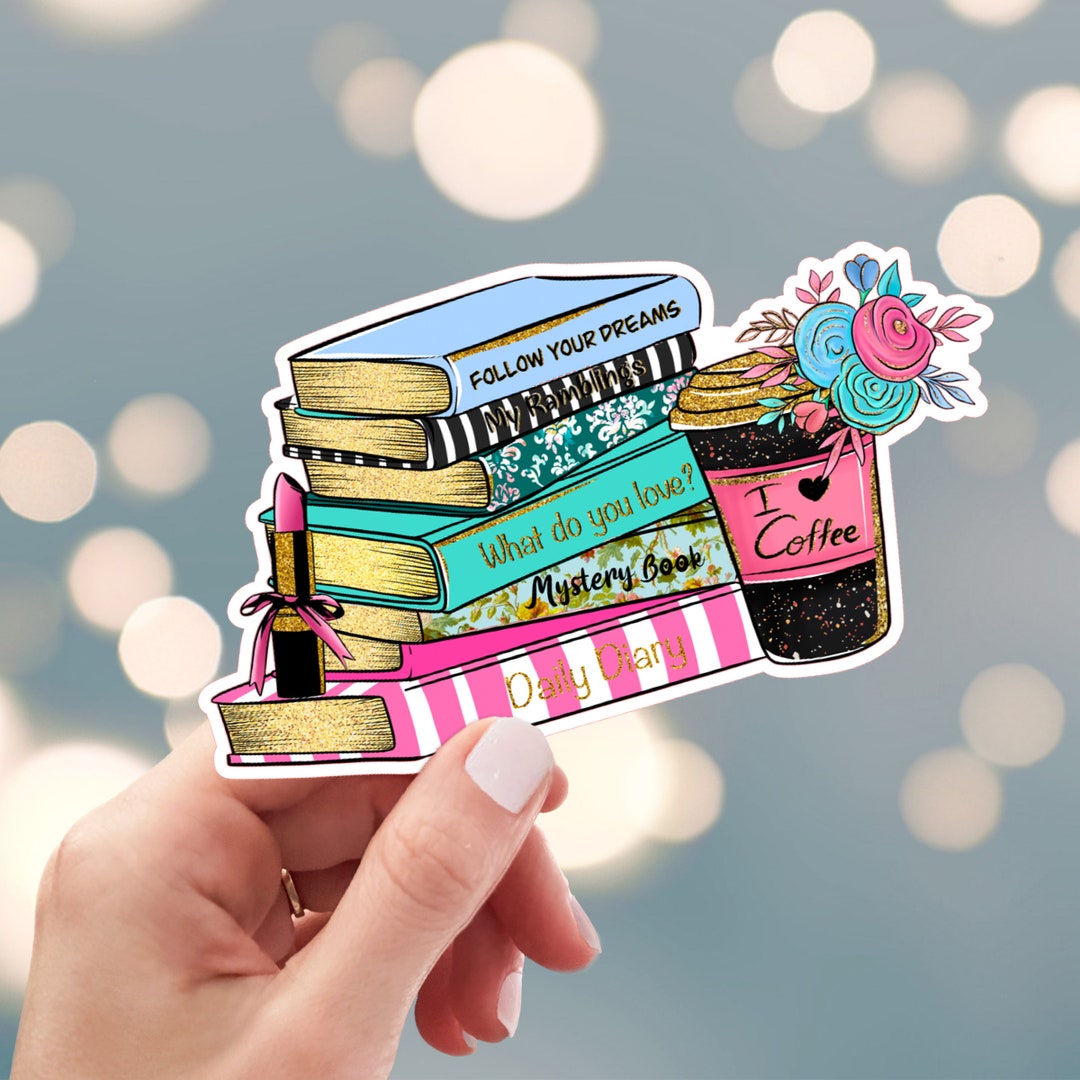 Stack of Books & Coffee Sticker, Library Books Sticker, I Love to Read