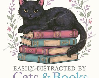 Easily Distracted By Cats & Books Fabric Panel, Quilt Sewing Square, Multiple Sizes, fc6s