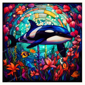 May include: A vibrant, colorful illustration of an orca swimming in an underwater scene. The orca is depicted in shades of blue and white, surrounded by colorful coral, fish, and flowers. The background is a mosaic of blues and greens.