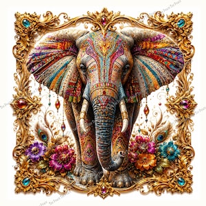May include: An elephant with intricate, colorful patterns on its skin and ears, framed by an ornate gold border featuring embedded gemstones. The elephant is surrounded by vibrant purple, orange, and blue flowers and peacock feathers.