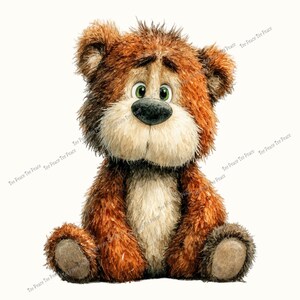 May include: A watercolor illustration of a brown teddy bear with a light brown chest and a black nose. The bear has green eyes and is sitting down. The bear has a sad expression.
