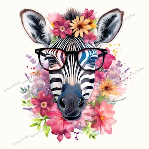 May include: A whimsical illustration of a zebra's head adorned with a floral crown and black-framed glasses. The zebra's face features black and white stripes, a blue nose, and is surrounded by pink, red, and orange flowers. The background is white.