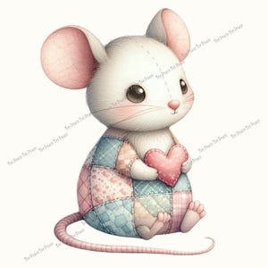 May include: A watercolor illustration of a cute mouse holding a pink heart. The mouse has white fur, large brown eyes, and pink ears. It wears a patchwork quilt body in pastel colors. The mouse is sitting down with its tail curled.