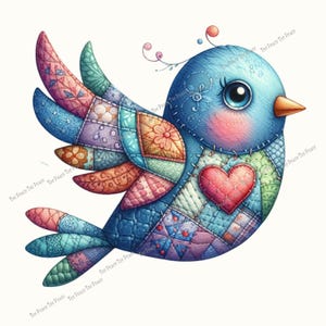 May include: A whimsical blue bird illustration with patchwork wings and body. The bird features a red heart on its chest and a small orange beak. The wings and body are composed of various colorful fabric patterns, creating a charming, handcrafted appearance.