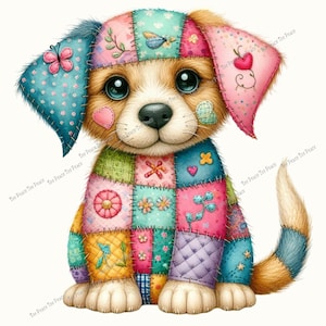 May include: A charming, colorful illustration of a puppy with patchwork-style fur. The puppy has large, expressive eyes and is adorned with patches featuring hearts, flowers, and butterflies. The overall design is whimsical and cheerful.