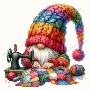 May include: A whimsical illustration of a gnome sewing a quilt. The gnome wears a vibrant, rainbow-colored knit hat and sweater. A vintage sewing machine and colorful yarn balls are also present, creating a cozy, handcrafted theme.