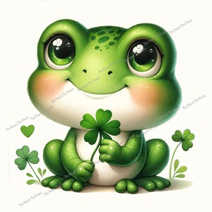 May include: A cartoon frog with large green eyes and rosy cheeks holds a four-leaf clover. The frog is green with darker green spots on its head and is sitting on a white background. Additional clovers and a green heart are also present.