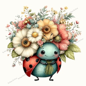May include: A whimsical illustration of a smiling ladybug with a bouquet of colorful flowers. The ladybug is teal with red wings and black spots. The flowers are white, yellow, and pink, with green leaves. The image has a soft, watercolor style.
