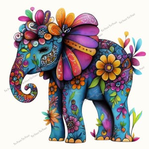 May include: A vibrant, whimsical illustration of a blue elephant adorned with colorful floral patterns and accents. The elephant features large, decorated ears and a trunk curled upwards. The design incorporates shades of orange, purple, and pink, creating a cheerful and artistic aesthetic.