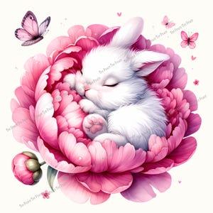 May include: A digital illustration of a sleeping white bunny nestled inside a large pink peony flower. Pink butterflies and small hearts float around the flower. The bunny has its eyes closed and is curled up in a peaceful pose.