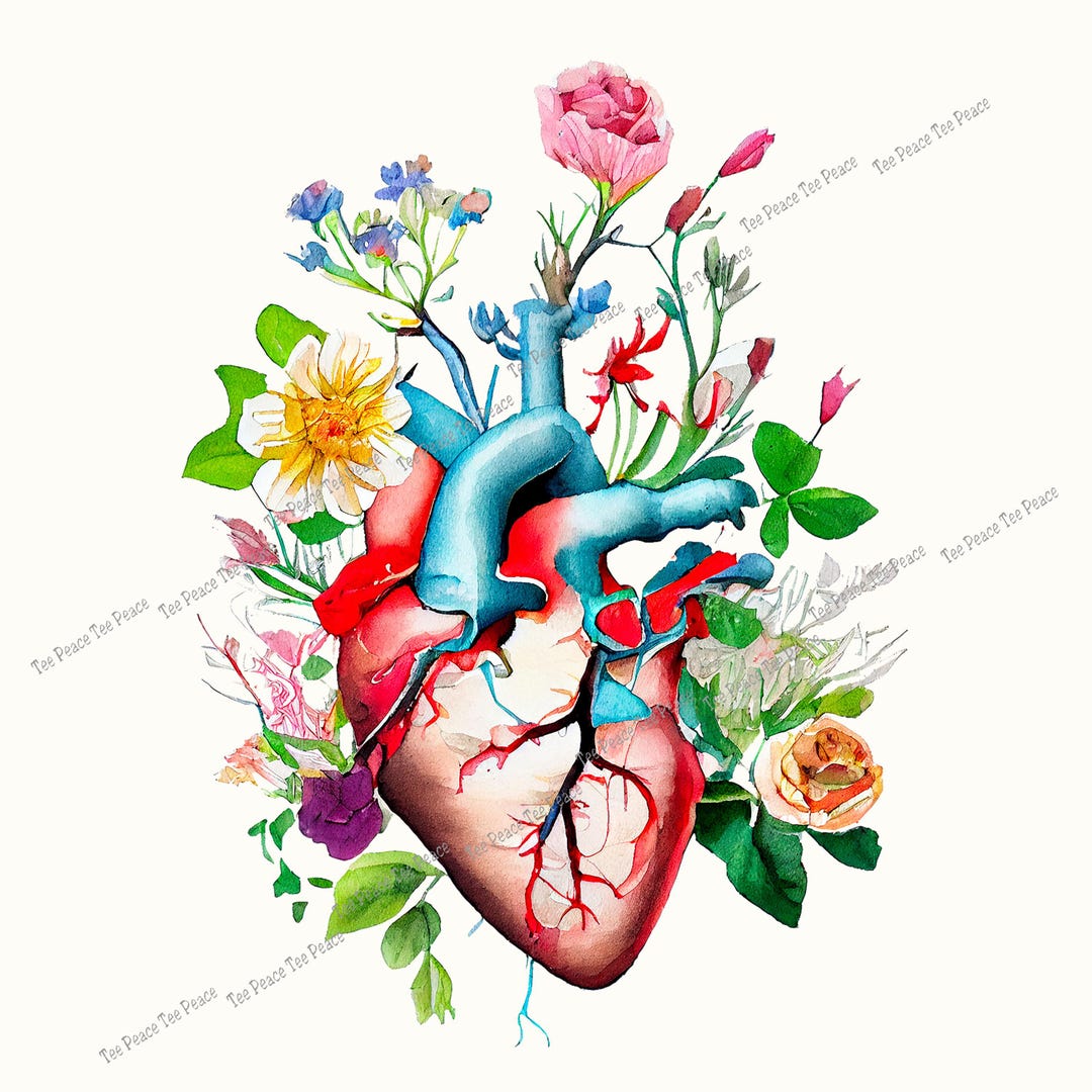 Anatomical Floral Heart Fabric Panel, Quilt Sewing Square, Multiple ...