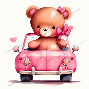 May include: A watercolor illustration of a brown teddy bear with a pink bow driving a pink car. The bear has a pink bow on its head and a large pink bow on its chest. A pink heart floats in the background.