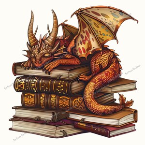 May include: A detailed illustration of a red and orange dragon resting on a stack of books. The dragon has horns, wings, and scales. The books are brown with gold accents. The image has the text "Tee Peace Tee Peace" in the corners.
