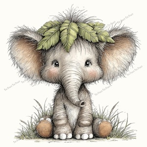 May include: A whimsical illustration of a baby elephant with large, fluffy ears and a trunk. The elephant is adorned with a leafy green crown and sits amidst grass. The artwork features soft colors and a gentle, inviting aesthetic.