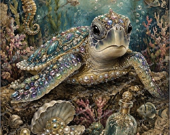 May include: An underwater scene featuring a sea turtle adorned with colorful gemstones and pearls. The composition includes a seahorse, a seashell filled with pearls, a glass bottle, a starfish, and various fish swimming in a deep blue ocean.