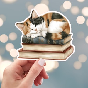 May include: A sticker featuring a calico cat sleeping peacefully atop a stack of three books. The cat has orange, black, and white fur. The books are brown and blue with gold-colored detailing.