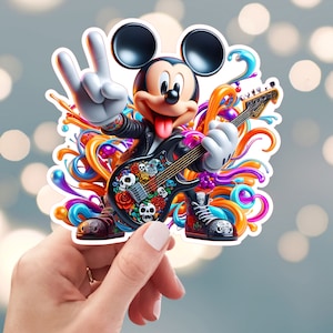 Mickey Mouse Sticker, Rock N Roll Music Sticker, Rock Electric Guitar Sticker, Rock Star Sticker,  Water Bottle Sticker (51a)