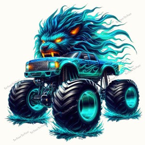 May include: A vibrant illustration of a monster truck with a lion's head. The truck is blue with flame designs, large tires, and glowing teal accents. The lion's head is teal with orange eyes and a flowing mane, set against a white background.