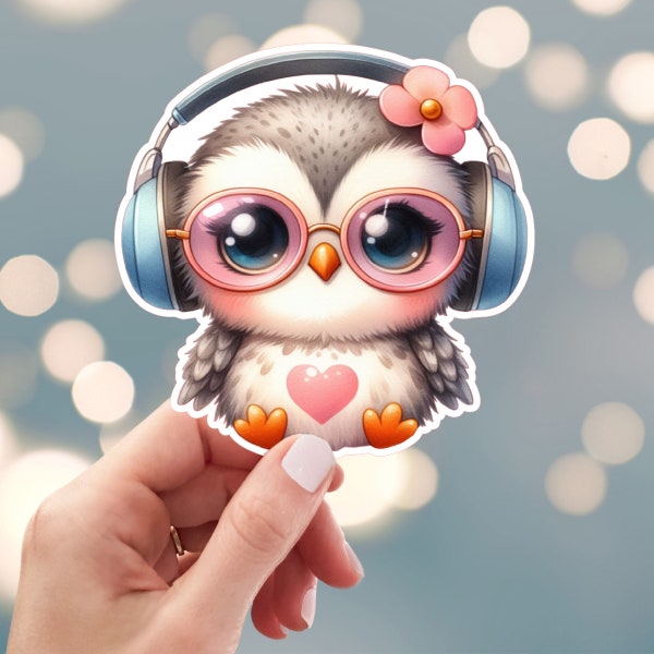 Owl Headphones Sticker, Musical Owl Sticker, Baby Owl Sticker, Little Girl Owl Sticker, Water Bottle Sticker (s31c)