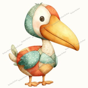 May include: A whimsical illustration of a pelican with a patchwork design. The bird features a large yellow beak, brown eyes, and a body composed of various fabric patterns in shades of orange, green, and blue. The background is plain white.