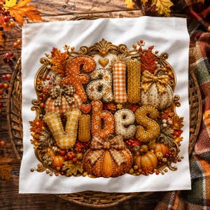 May include: A white fabric square featuring the text fall vibes in padded, patterned letters. The design is surrounded by an ornate gold frame, orange and yellow pumpkins, autumn leaves, small berries, and plaid bows in shades of orange and white.