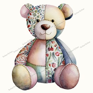 May include: A watercolor illustration of a patchwork teddy bear. The bear is composed of various fabric patterns, including floral and solid colors. The bear has a brown nose, black eyes, and stitched details.