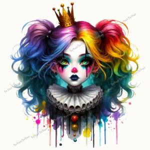 May include: A colorful illustration of a clown with rainbow hair, a gold crown, and dramatic makeup. The clown wears a ruffled collar and a black outfit with decorative buttons. Watercolor paint drips in various colors add to the whimsical design.