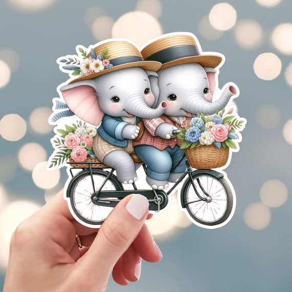 Bicycle Ride Sticker, Elephant Sticker, Twin Brother Sister Sticker, Tandem  Bike Flower Basket Sticker, Water Bottle Sticker (s19n)