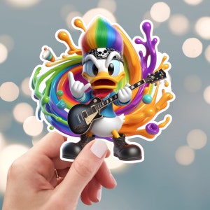 Donald Duck Sticker, Rock Guitar Music Sticker, Rock Band Sticker, Rock N Roll Sticker, Water Bottle Sticker (s50m)
