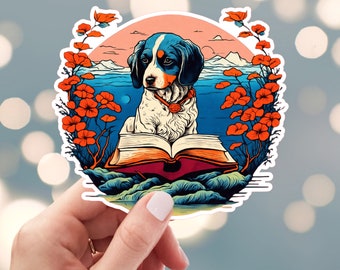 Dog Reading A Book Sticker, Book Lover Sticker, Library Book Sticker, Book Club Dog Sticker, Water Bottle Sticker (s8d)
