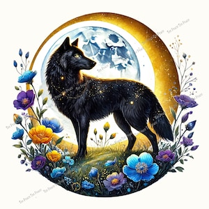 May include: A digital illustration of a black wolf standing in a field of colorful flowers, with a full moon and golden arch in the background. The wolf has a golden necklace and sparkling details.