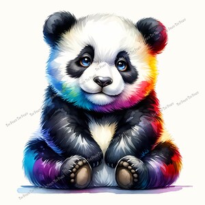 May include: A colorful illustration of a panda bear. The panda has a white face and chest, black ears, and black fur on its arms and legs. The panda's fur is also accented with rainbow colors. The panda has blue eyes and is sitting down.