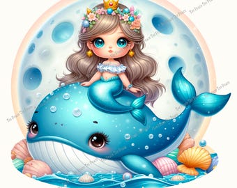 Mermaid Whale Fabric Panel, Quilt Sewing Square, Multiple Sizes, fc9d