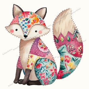 May include: A whimsical watercolor illustration of a fox with a patchwork design. The fox features floral patterns in pink, blue, yellow, and orange. The image has a stitched border and is set against a white background.