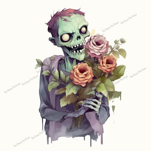 May include: Illustration of a zombie holding a bouquet of roses. The zombie has green skin, red hair, and a skeletal face. The roses are pink and orange, with green leaves. The zombie is wearing a purple shirt.