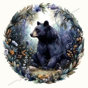 May include: A watercolor illustration of a black bear sitting in a forest clearing, surrounded by flowers and foliage. The bear has dark fur and a light brown muzzle. The scene is framed by a circular arrangement of leaves and flowers, with a soft, dreamy quality.