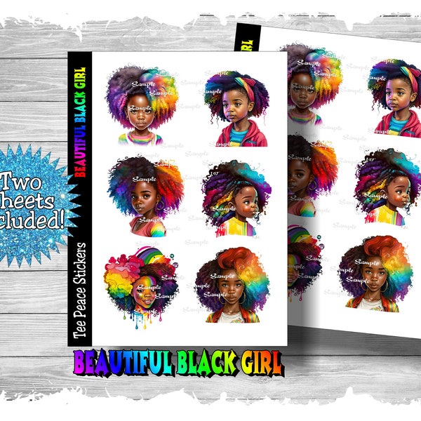 Pretty Black Girl Sticker Sheets, 2 Sheet Bundle, Rainbow Hair Stickers, Rainbow Afro Sticker Pack, Black Child Planner Stickers (a53)