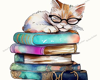Sleeping Cat On A Stack Of Books Fabric Panel, Quilt Sewing Square, Multiple Sizes, fc2z