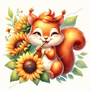 May include: A cheerful cartoon squirrel with orange fur and a fluffy tail, holding a green stem and smiling. The squirrel is surrounded by bright yellow sunflowers and green leaves, creating a vibrant and playful scene.