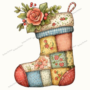 May include: A watercolor Christmas stocking with a patchwork design. The stocking features floral patterns, a blue gingham section, and is topped with a rose and berries. The design includes the text "Tee Peace Tee Peace".