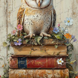 May include: A barn owl with white and brown feathers sits atop a stack of four weathered, vintage-style books. The scene is decorated with small, colorful wildflowers and green leaves, set against a light-colored, distressed wooden plank background.