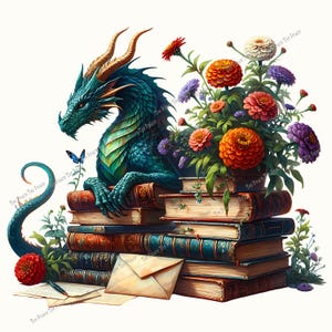 May include: A teal dragon with gold horns sits atop a stack of antique books, surrounded by colorful flowers. A blue butterfly rests on a plant near the dragon. A pen, paper, and an envelope are in the foreground.