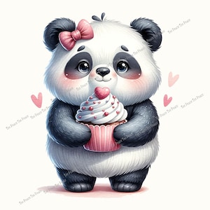 May include: A cute cartoon panda with black and white fur, wearing a pink bow, holding a cupcake with white frosting and a heart-shaped topping. Pink hearts float in the background. The image has the text "Tee Peace Tee Peace" in the corners.