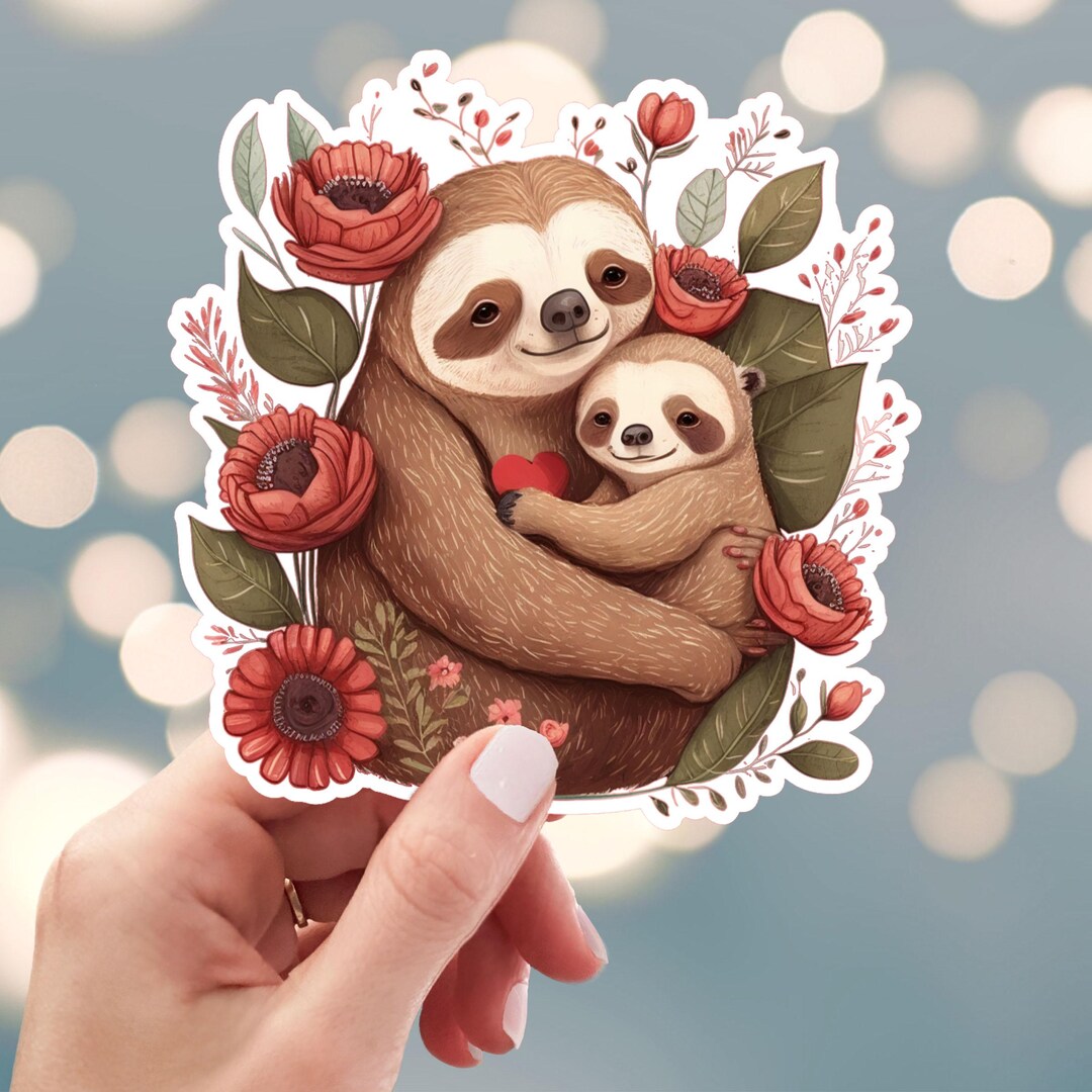 Sloth Sticker, Mom & Baby Sticker, Mothers Day Sticker, Floral Sloth ...