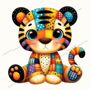 May include: A colorful patchwork tiger cub with large blue eyes, sitting upright. The tiger's body is made of various fabric patterns, including polka dots, stripes, and plaid. The ears and tail are also patterned. The overall design is whimsical and child-like.