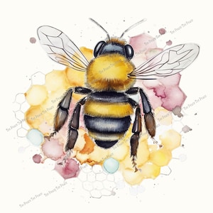 May include: Watercolor illustration of a bumblebee with yellow and black stripes, transparent wings, and detailed legs. The bee is set against a backdrop of a honeycomb and watercolor splashes in shades of yellow, pink, and blue.