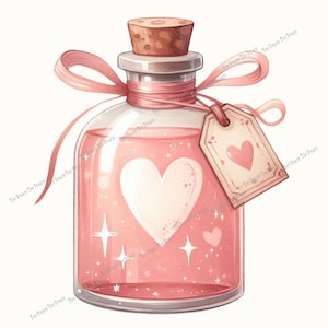 May include: A watercolor illustration of a glass bottle filled with pink liquid. A large white heart is on the front of the bottle, with smaller hearts and stars. A cork stopper, pink ribbon, and a tag with a heart complete the design.