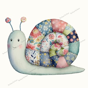 May include: A whimsical illustration of a snail with a patchwork shell. The snail's body is a soft, light blue, with a smiling face and pink cheeks. The shell is a colorful patchwork of floral and patterned fabrics, creating a charming, handcrafted aesthetic.