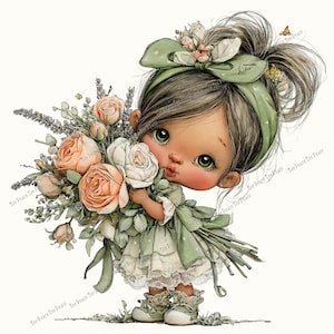 May include: A digital illustration of a character with brown hair in a messy bun, wearing a green headband and a green dress, holding a large bouquet of peach and white roses with lavender sprigs. The character wears green shoes with white laces.